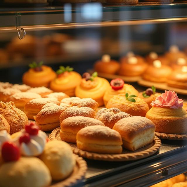 Et fristende utvalg av ferske bakverk, kaker og boller utstilt i en glassdisk, klar for servering.