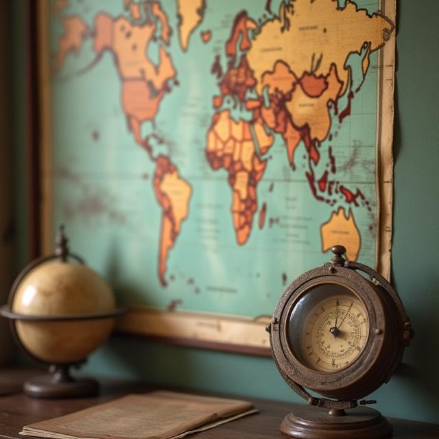 Nærbilde av et gammelt, detaljert værkart på veggen, med antikke instrumenter som et barometer og en globus i forgrunnen.